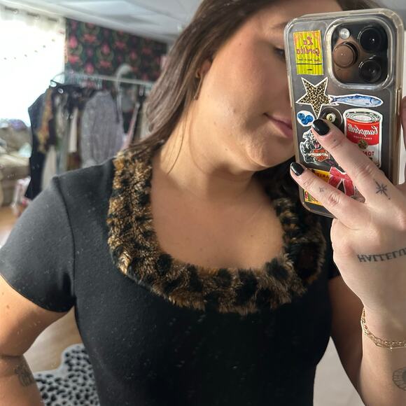 Vintage BIA Leopard Neck Mini Dress Black Size Medium - Picture 2 of 7